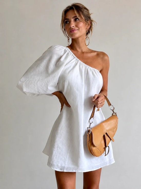 Commense Dresses & Skirts - Commense Aegean Cotton Linen One Sleeve Short Dress